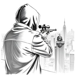 A black and white drawing featuring a man in a hooded jacket, viewed from the back, standing on the roof of a tall building