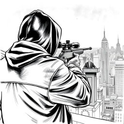 A black and white drawing featuring a man in a hooded jacket, viewed from the back, standing on the roof of a tall building