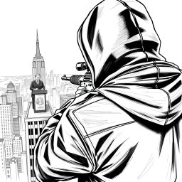 A black and white drawing featuring a man in a hooded jacket, viewed from the back, standing on the roof of a tall building