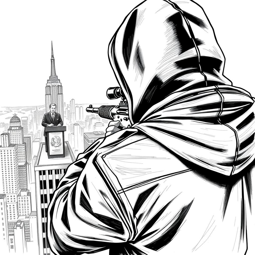 A black and white drawing featuring a man in a hooded jacket, viewed from the back, standing on the roof of a tall building