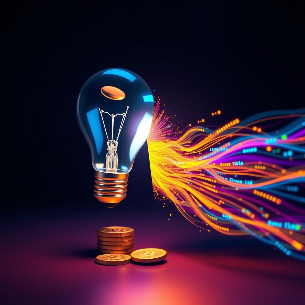 An abstract, surreal image representing the concept of turning ideas into digital income, featuring a lightbulb morphing into a stack of digital coins on one side and a flowing stream of digital data on the other