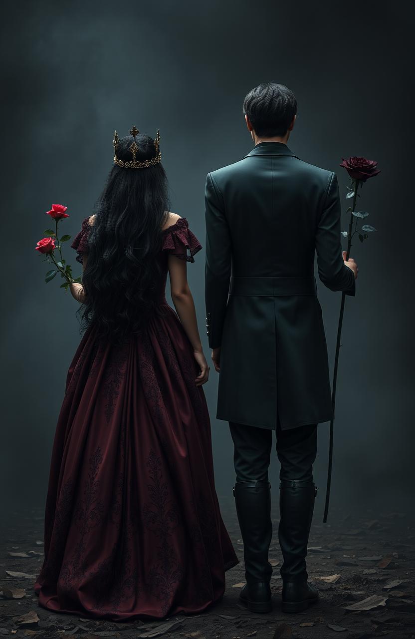 The back view of two soldiers standing in a dark and chaotic environment