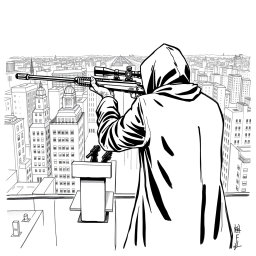 A black and white drawing depicting a hooded man seen from the rear, positioned on the roof of a building