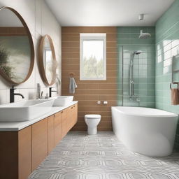 An image of a modernized bathroom showcasing 70's tiles in a contemporary design setting, preserving their vintage charm while adding current bathroom decor features.