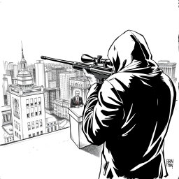 A black and white drawing depicting a hooded man seen from the rear, positioned on the roof of a building