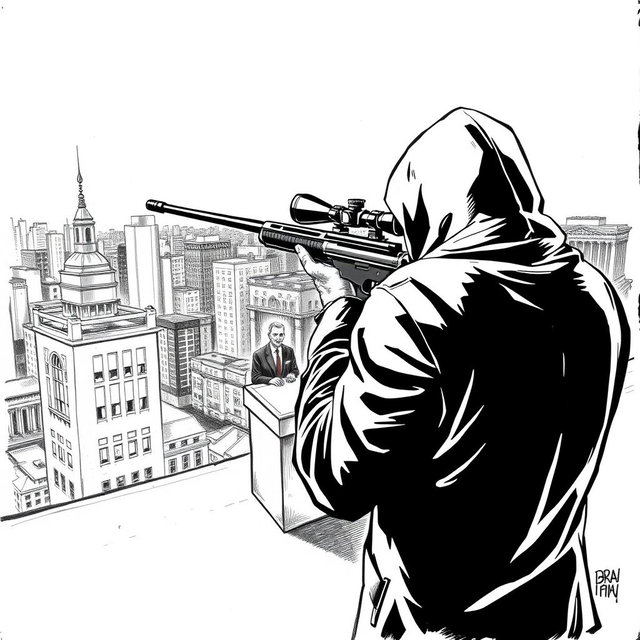 A black and white drawing depicting a hooded man seen from the rear, positioned on the roof of a building