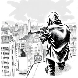 A black and white drawing depicting a hooded man seen from the rear, positioned on the roof of a building