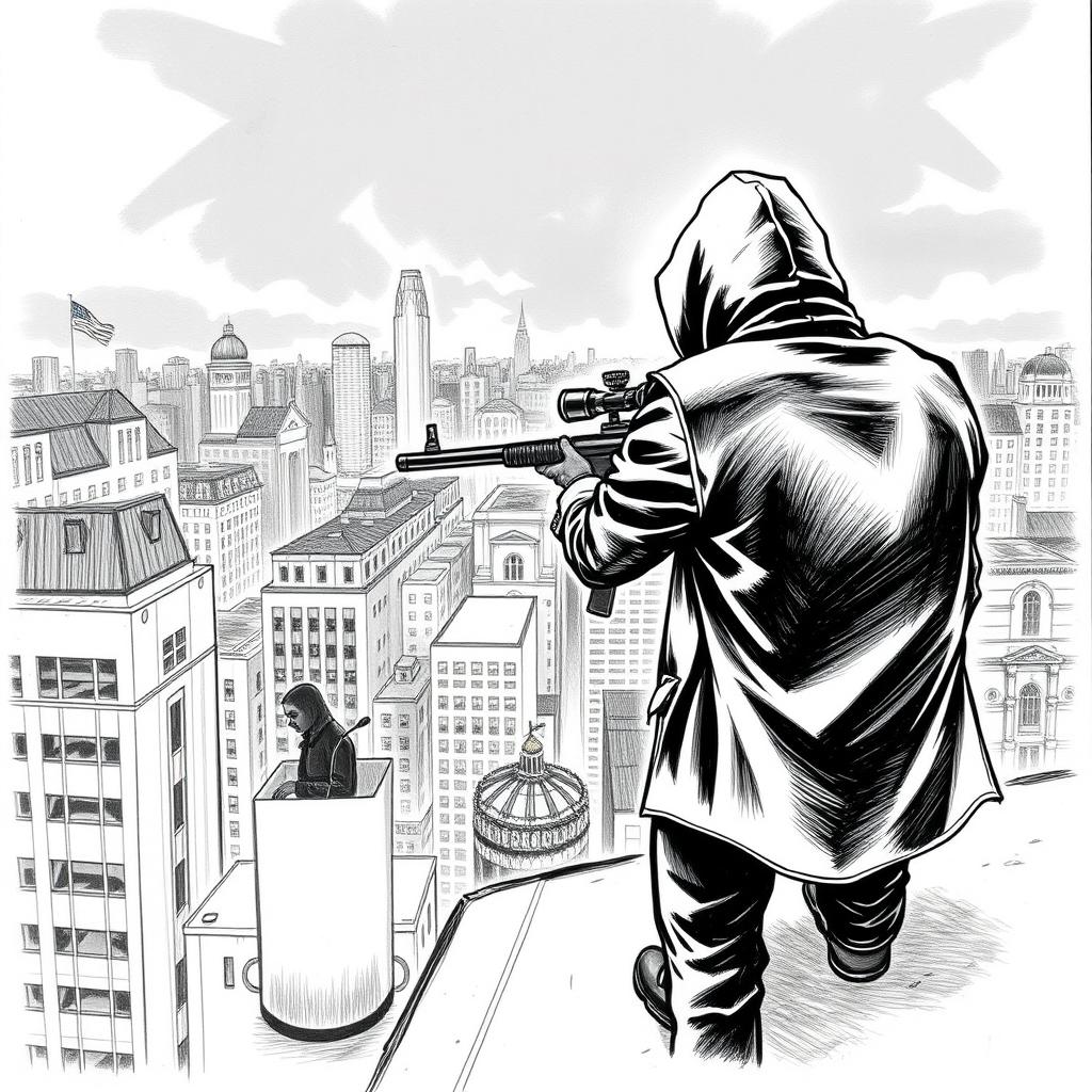A black and white drawing depicting a hooded man seen from the rear, positioned on the roof of a building