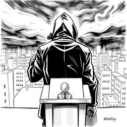 A black and white drawing depicting a hooded man seen from the rear, positioned on the roof of a building