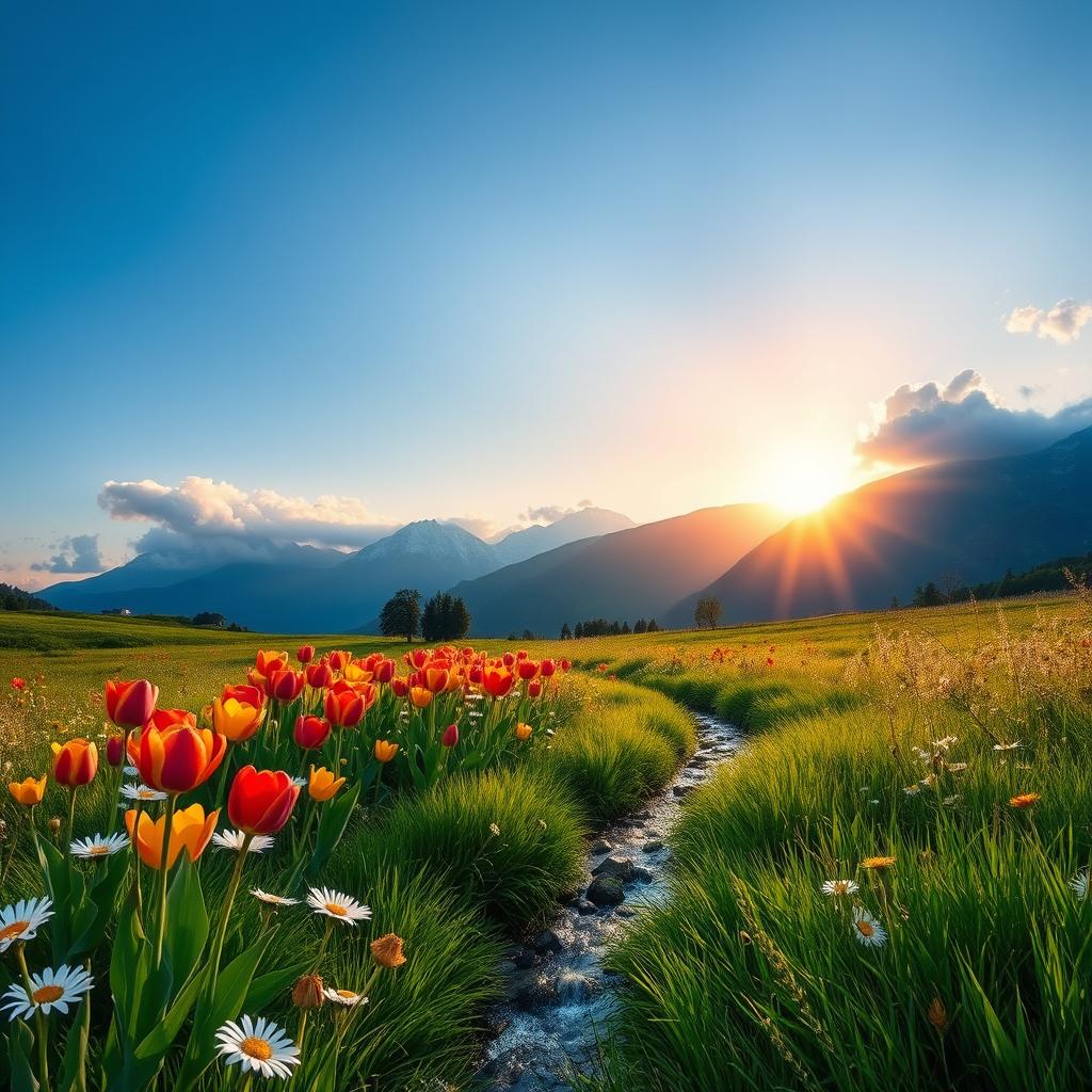 A serene and poetic landscape made vibrant by lively flowers in full bloom, with bright colors of tulips and daisies, surrounded by lush green grass and a clear blue sky