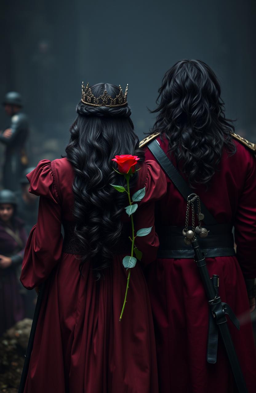 A powerful image capturing the back of two soldiers in a chaotic dark environment
