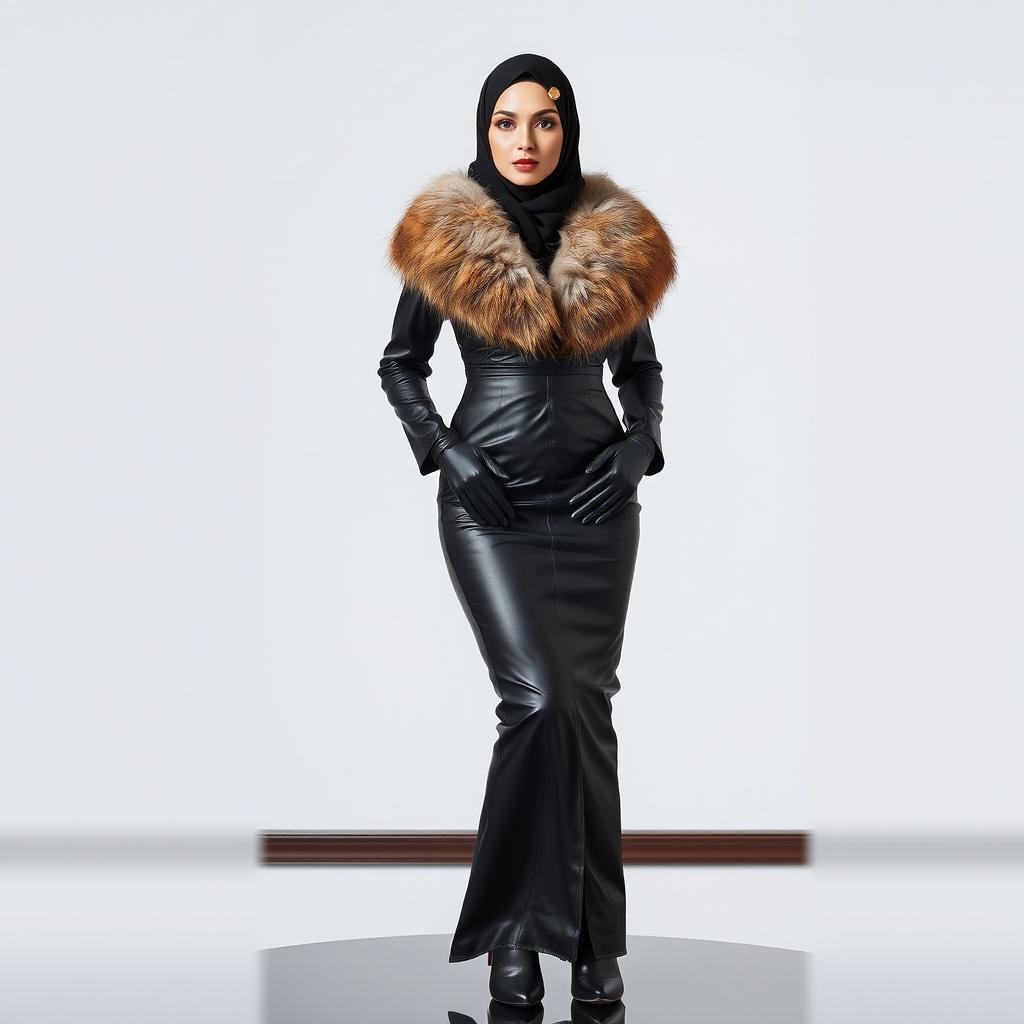 A beautiful woman wearing a hijab and a niqab, with only her eyes visible, dressed in a form-fitting black leather abaya with a fur collar that reaches her knees
