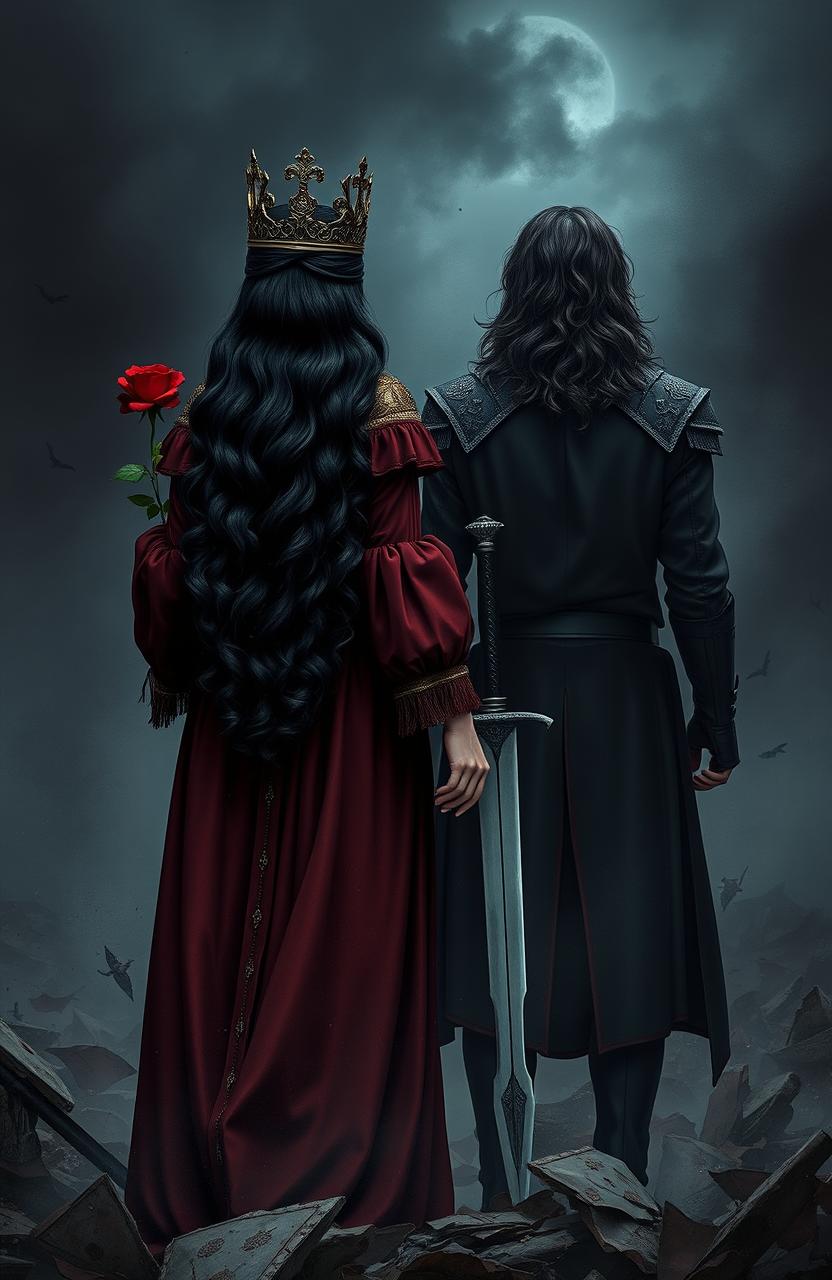 The back view of two soldiers standing tall amidst chaos and darkness