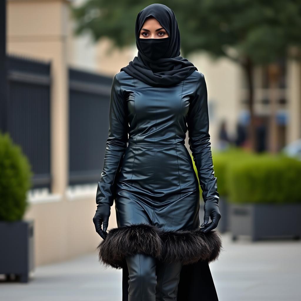 A beautiful woman wearing a hijab and niqab, with only her eyes visible, dressed in a tight black leather abaya, featuring a fur trim that reaches down to her knees