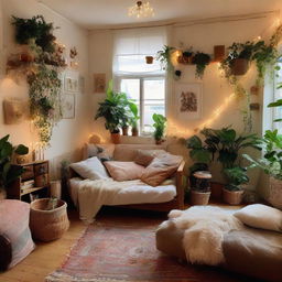 A room filled with aesthetic elements like fairy lights, plush pillows, abstract paintings, indoor plants, and vintage furniture.