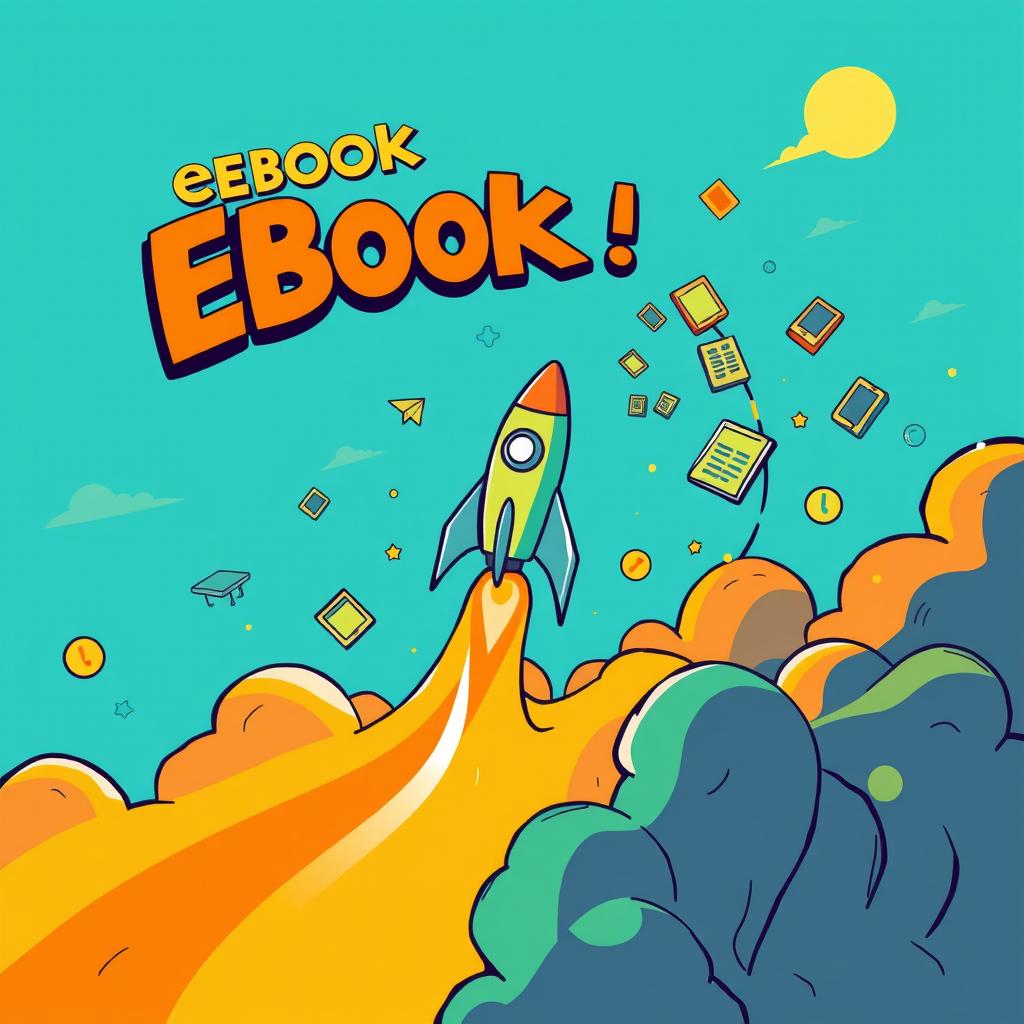 A dynamic and energetic digital illustration showcasing the journey of ebook creation, featuring a stylized rocket taking off into the sky