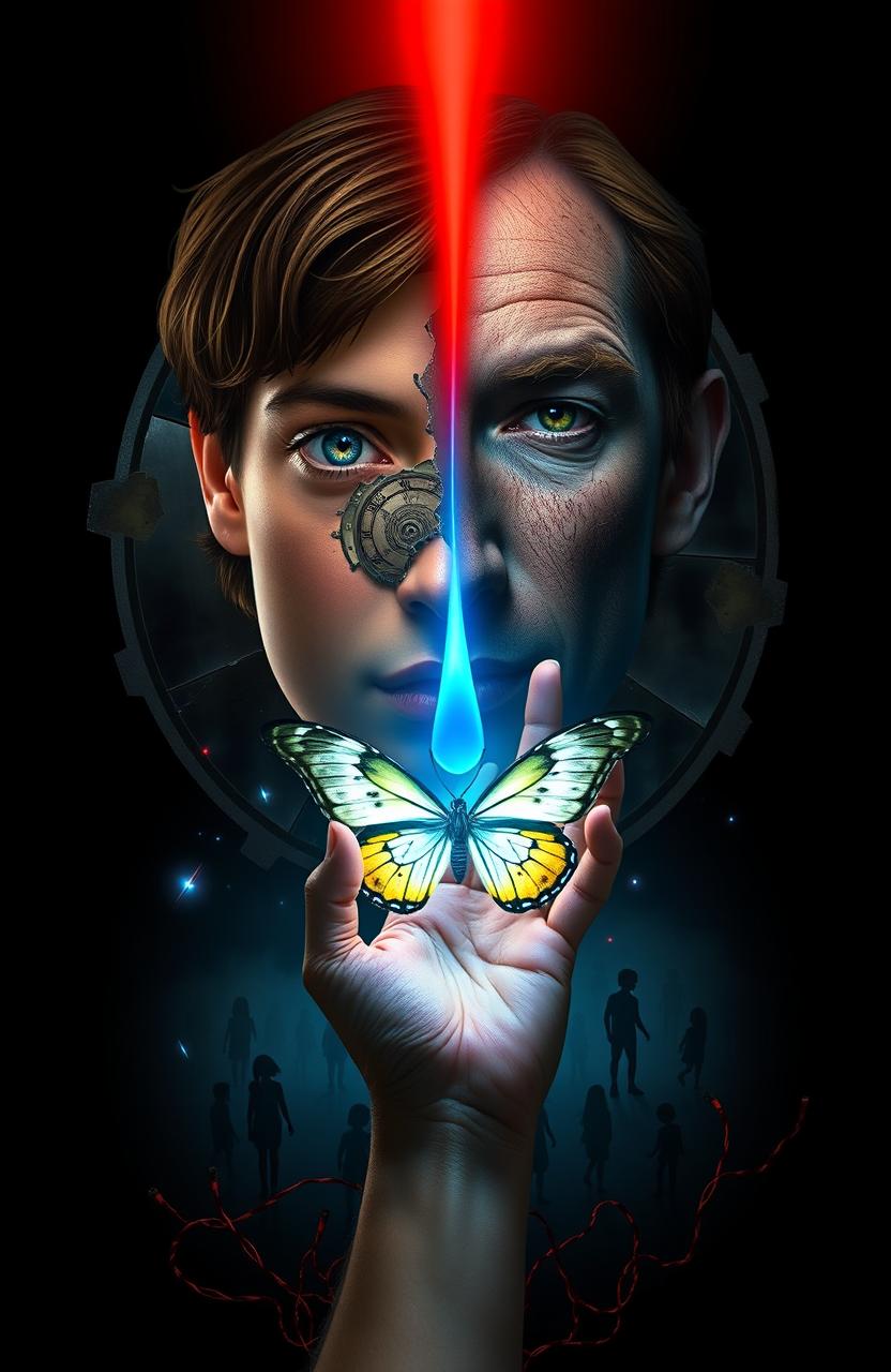 A split face of Elias: on the left, a child's face holding a broken brass clock, and on the right, an adult's face with a glowing brain chip