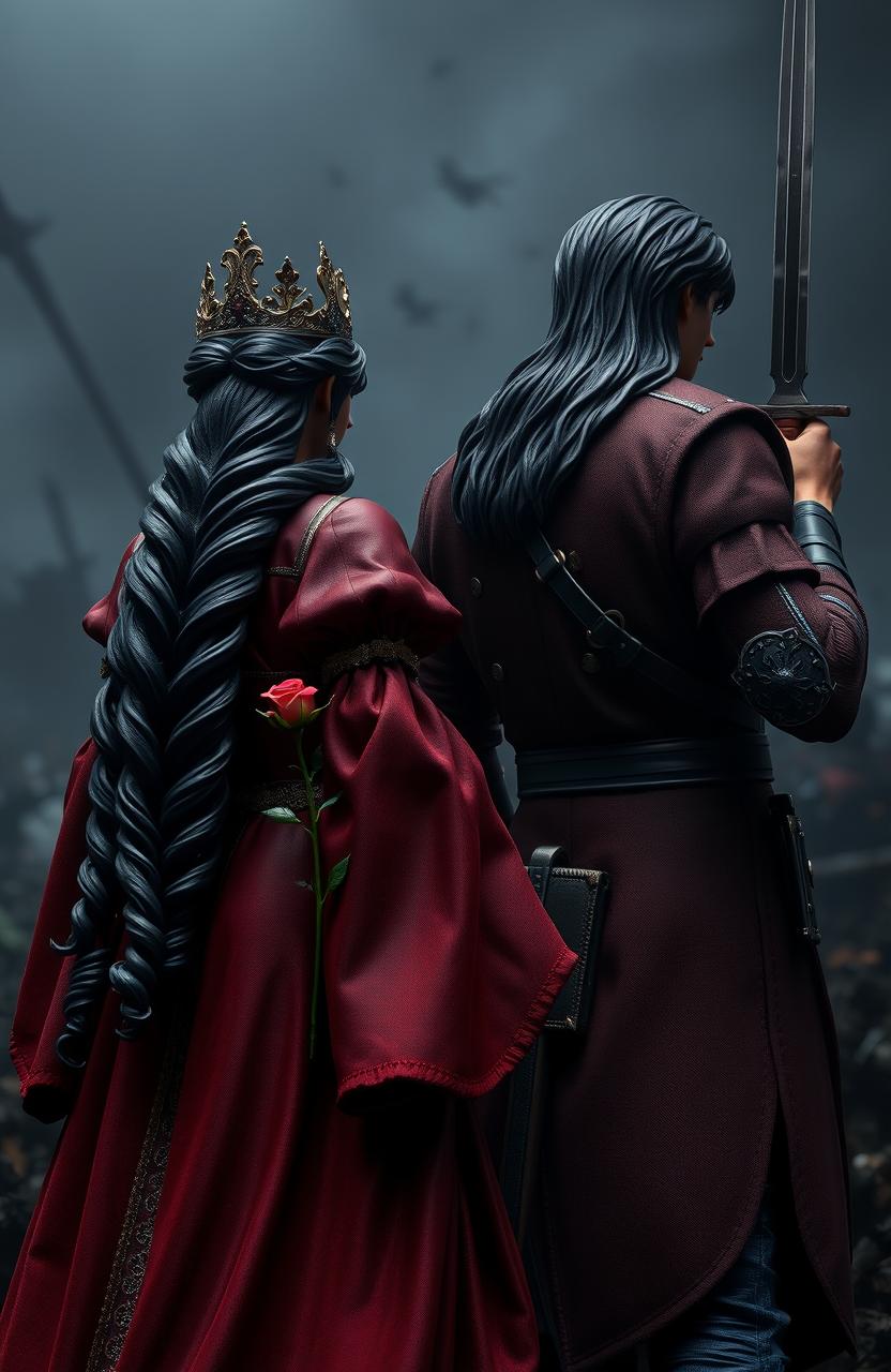 The backs of two soldiers standing tall amidst dark chaos
