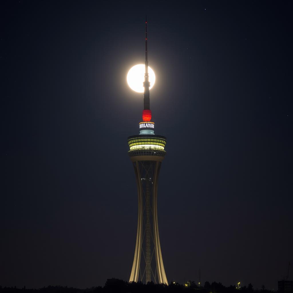 The Milad Tower illuminated under the light of a full moon, surrounded by a clear night sky filled with stars