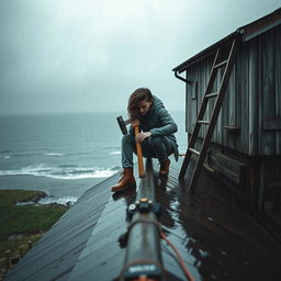 A front view of a rainy day scene featuring a girl sitting on the roof of an old two-story house, focused on hammering a nail into the roof floor with a sturdy hammer