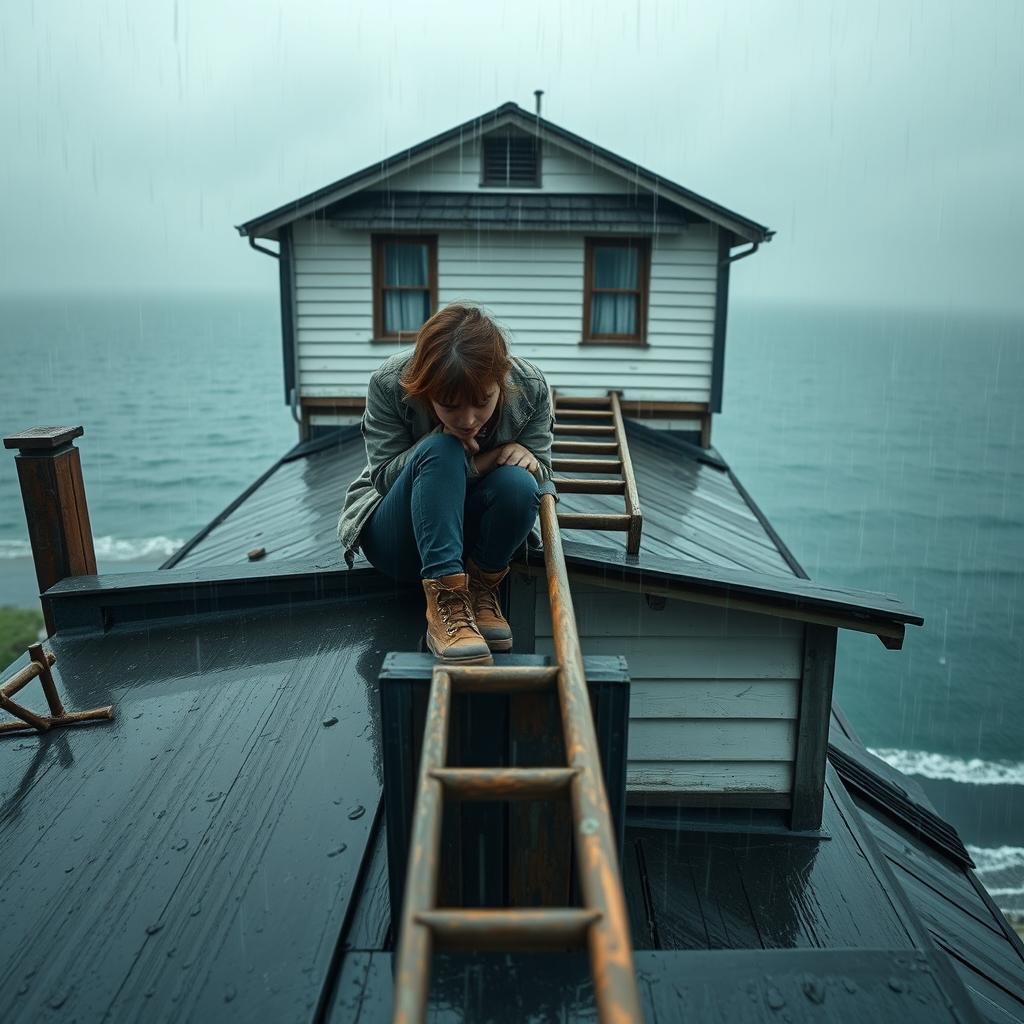 A front view of a rainy day scene featuring a girl sitting on the roof of an old two-story house, focused on hammering a nail into the roof floor with a sturdy hammer