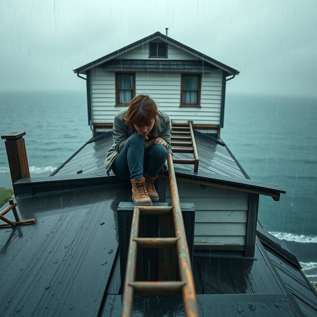 A front view of a rainy day scene featuring a girl sitting on the roof of an old two-story house, focused on hammering a nail into the roof floor with a sturdy hammer