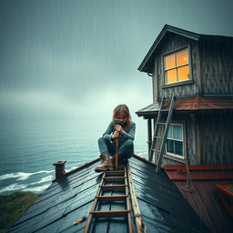 A front view of a rainy day scene featuring a girl sitting on the roof of an old two-story house, focused on hammering a nail into the roof floor with a sturdy hammer