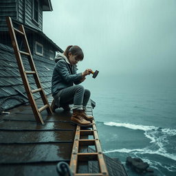 A front view of a rainy day scene featuring a girl sitting on the roof of an old two-story house, focused on hammering a nail into the roof floor with a sturdy hammer