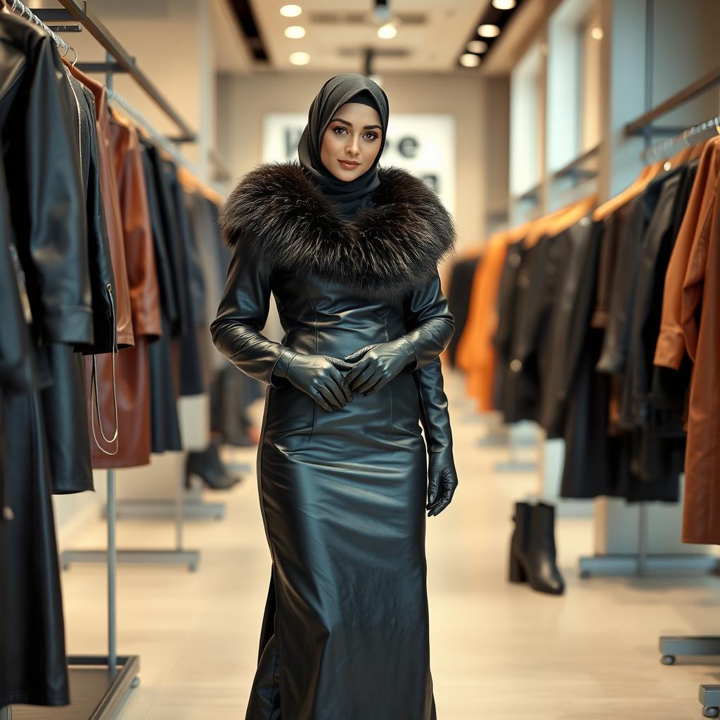 A beautiful woman wearing a hijab and a niqab, with only her eyes visible, dressed in a tight black leather abaya with a fur collar that reaches her knees