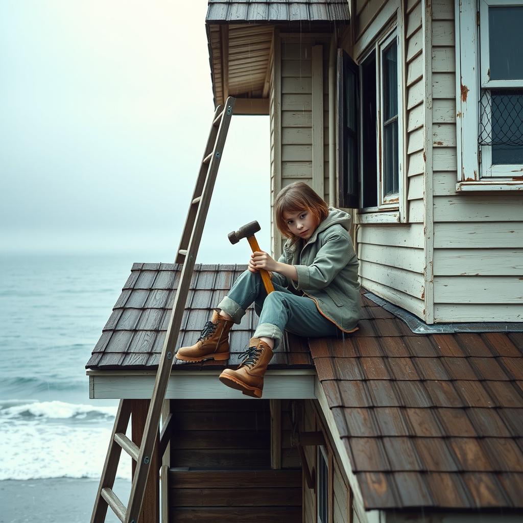 A front view of a rainy day scene featuring a girl sitting on the roof of an old two-story house, diligently hammering a nail into the roof floor using a solid hammer