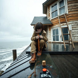 A front view of a rainy day scene featuring a girl sitting on the roof of an old two-story house, diligently hammering a nail into the roof floor using a solid hammer