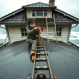 A front view of a rainy day scene featuring a girl sitting on the roof of an old two-story house, diligently hammering a nail into the roof floor using a solid hammer