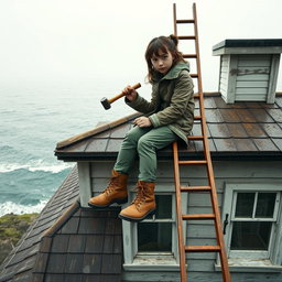 A front view of a rainy day scene featuring a girl sitting on the roof of an old two-story house, diligently hammering a nail into the roof floor using a solid hammer