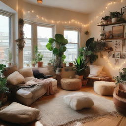 A room filled with aesthetic elements like fairy lights, plush pillows, abstract paintings, indoor plants, and vintage furniture.