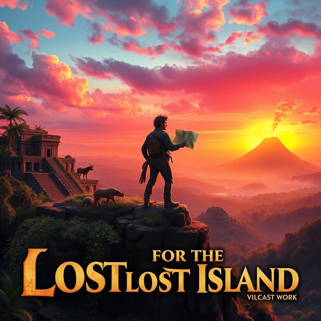 An epic adventure movie poster featuring a heroic figure standing atop a cliff overlooking a vast, mystical landscape