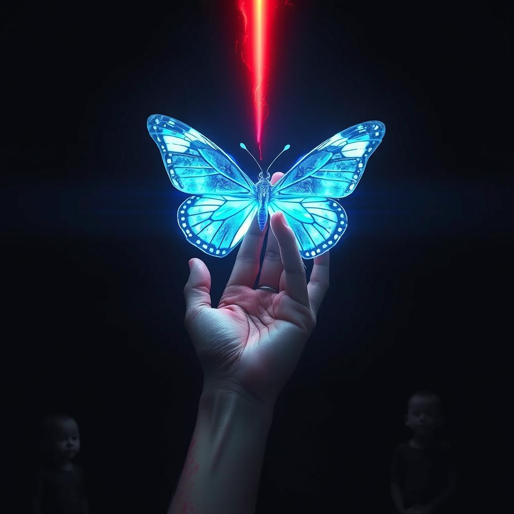 A human hand (belonging to Naia) gripping an electronic tear that transforms into a butterfly