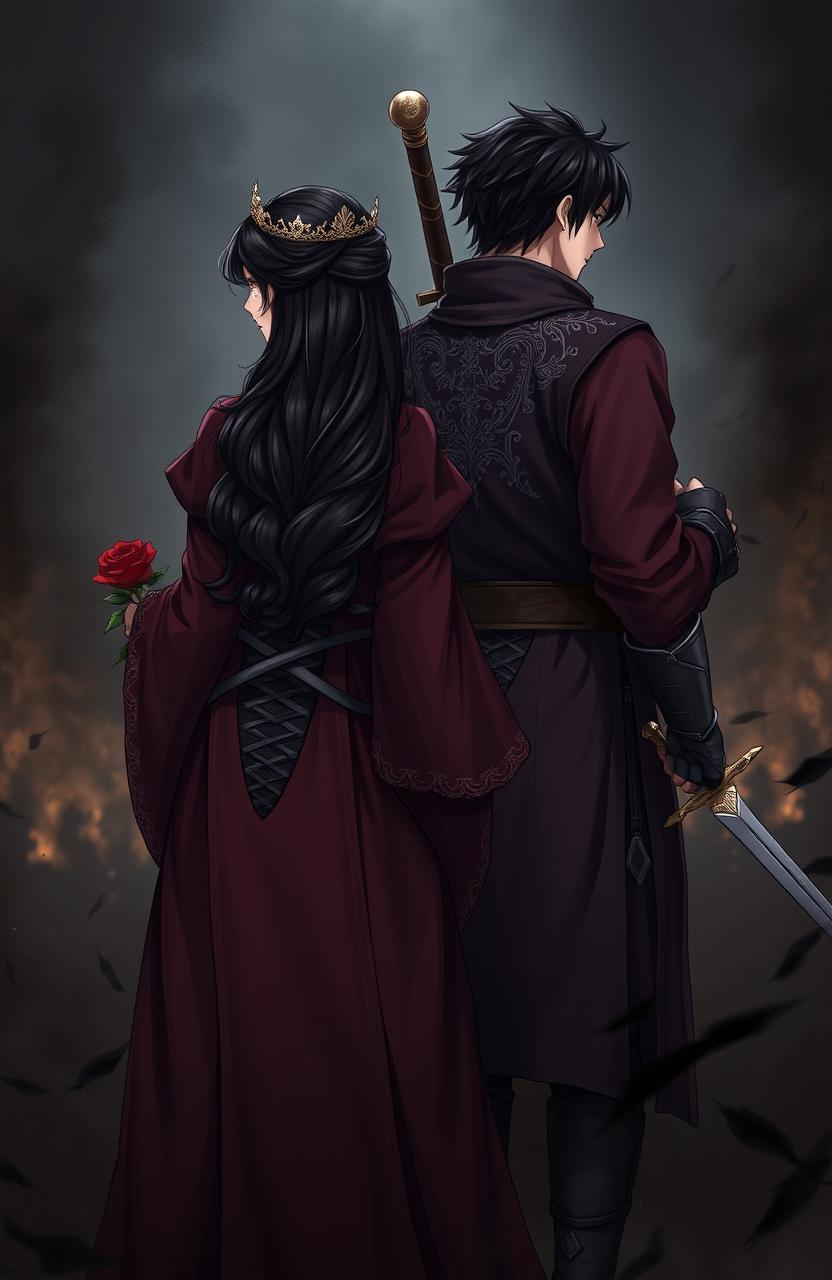 A dramatic scene featuring the backs of two soldiers standing tall in a chaotic dark environment