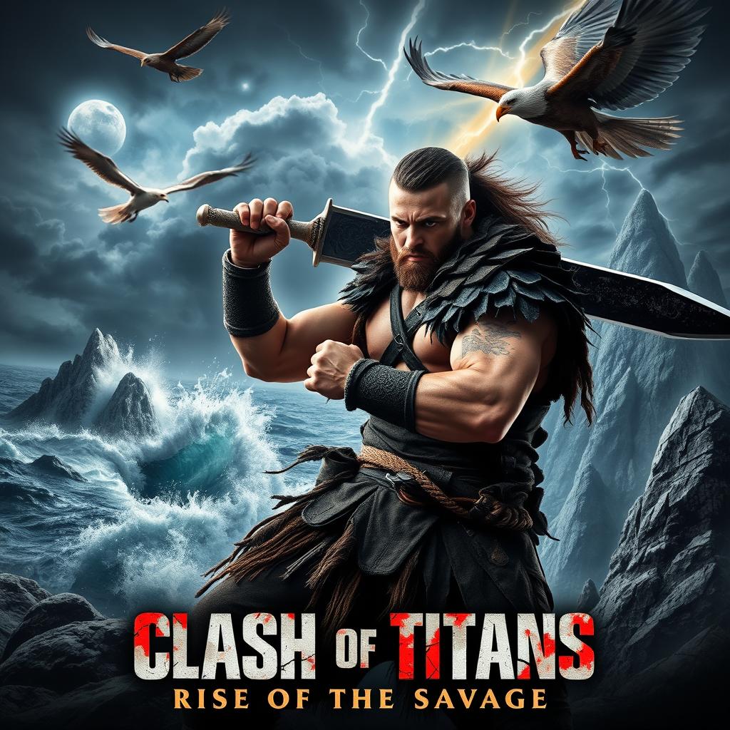 An intense and aggressive adventure movie poster featuring a fierce warrior preparing for battle in a chaotic landscape