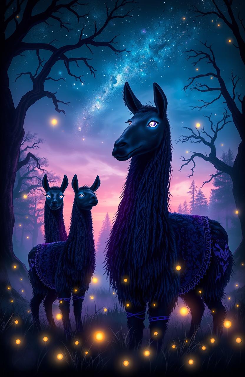 A mystical scene featuring dark, majestic llamas in an enchanted forest at twilight