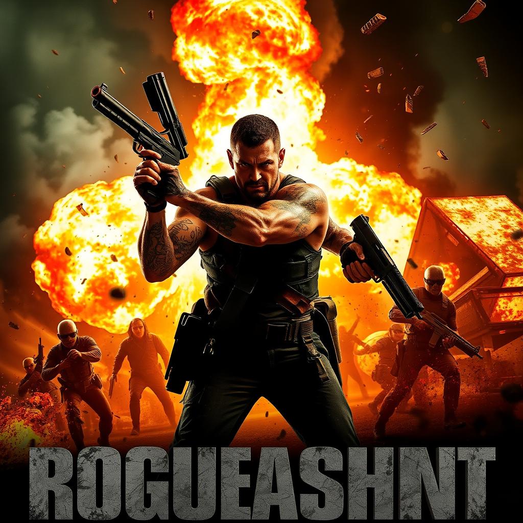 A striking and aggressive action movie poster showcasing a fierce hero in the midst of a high-stakes confrontation