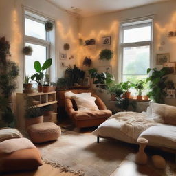 A room filled with aesthetic elements like fairy lights, plush pillows, abstract paintings, indoor plants, and vintage furniture.