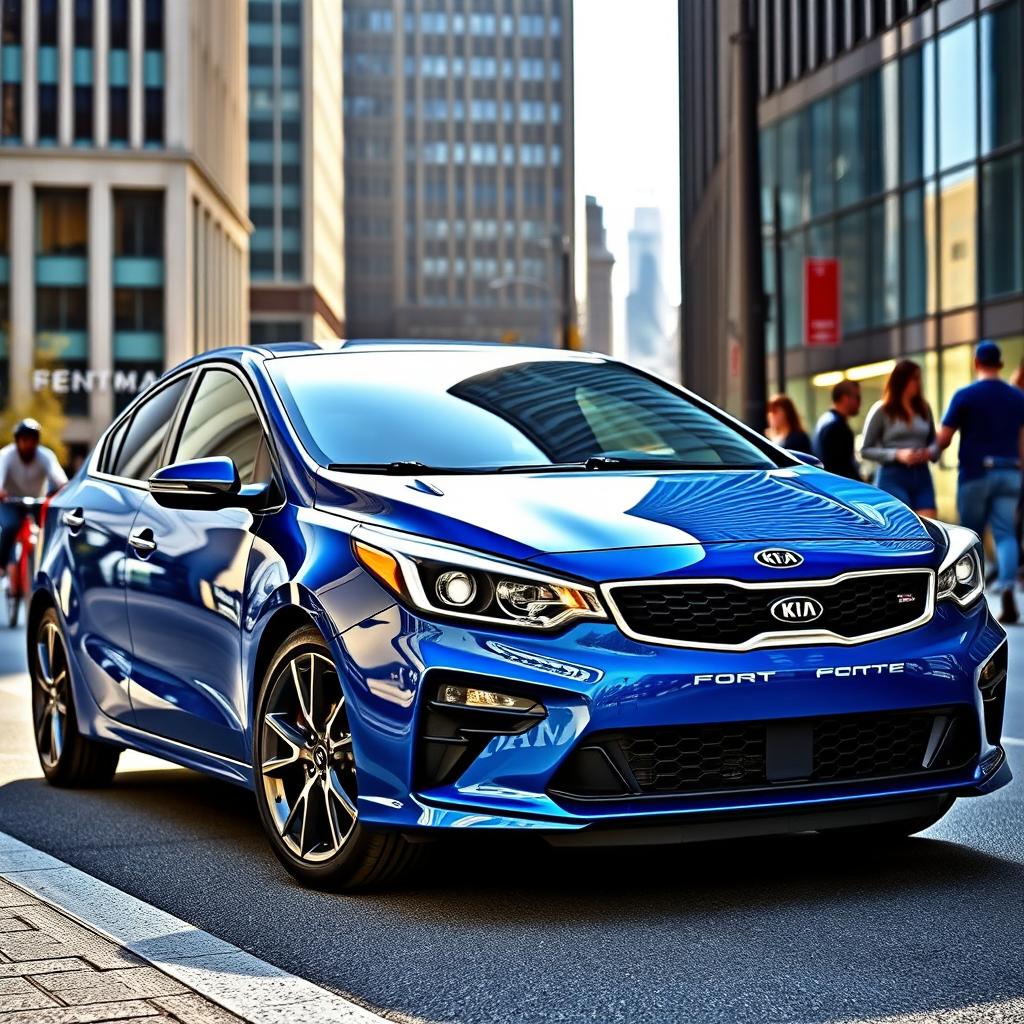 A sleek, vibrant Kia Forte parked in an urban setting, showcasing its modern design and sporty lines