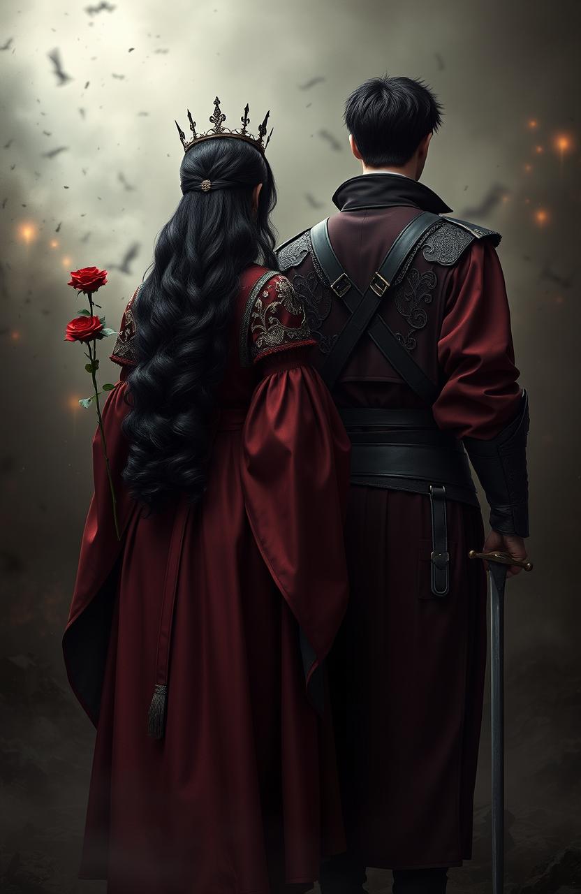 The back view of two soldiers standing tall amidst chaos and darkness