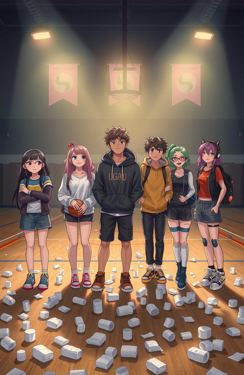A scene depicting seven friends standing together in a dimly lit high school gymnasium covered with scattered paper towels
