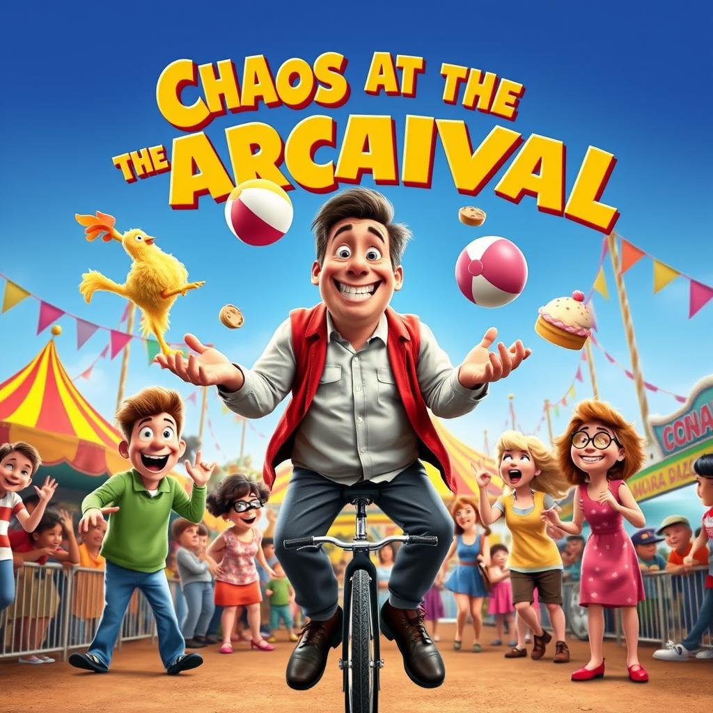 A vibrant and humorous comedy movie poster featuring a quirky group of characters engaged in a comical mishap