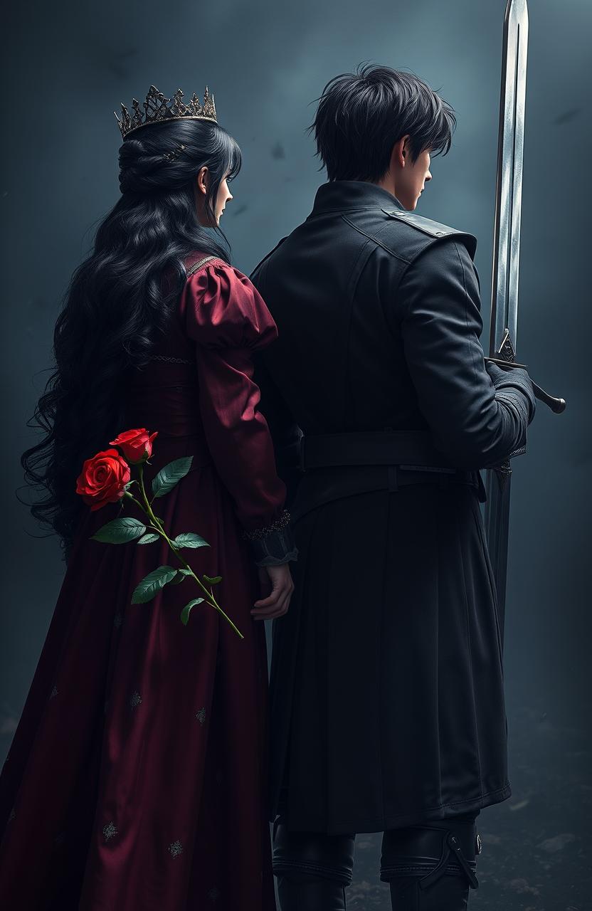 The back of two soldiers standing tall in a dark, chaotic environment