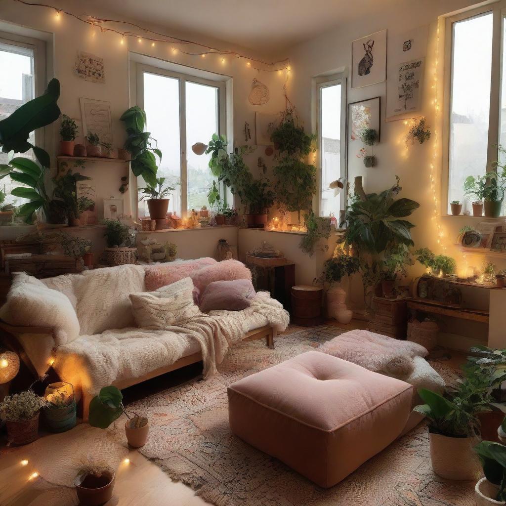 A room filled with aesthetic elements like fairy lights, plush pillows, abstract paintings, indoor plants, and vintage furniture.