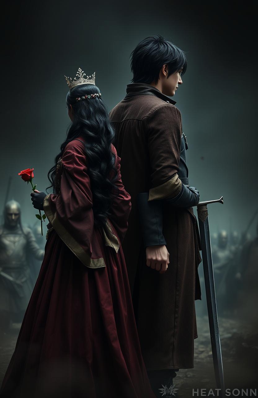 A dramatic scene featuring the back of two soldiers standing strong in the midst of chaos