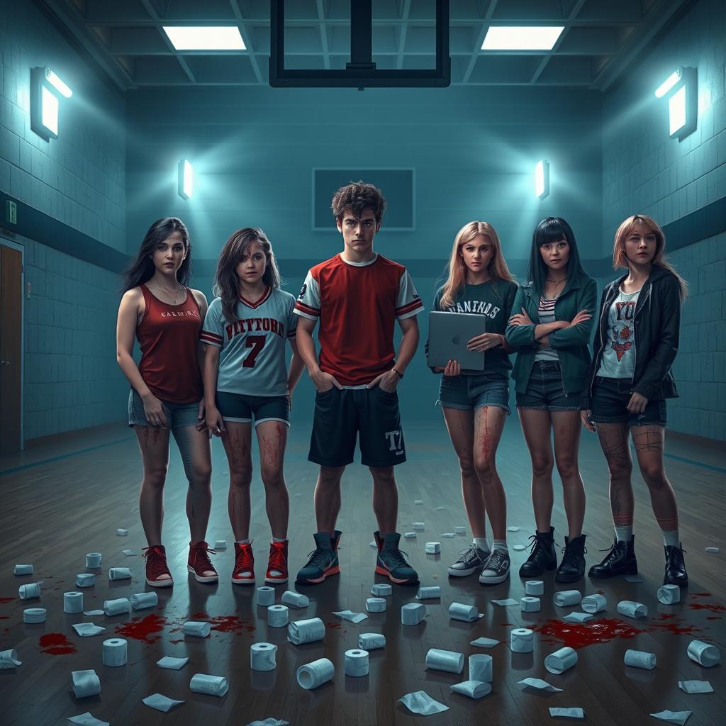A dramatic scene depicting seven friends standing together in a dimly lit high school gymnasium, the floor covered with scattered paper towels