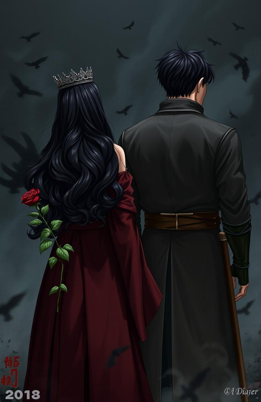 A powerful scene depicting the back of two soldiers standing in a dark and chaotic environment